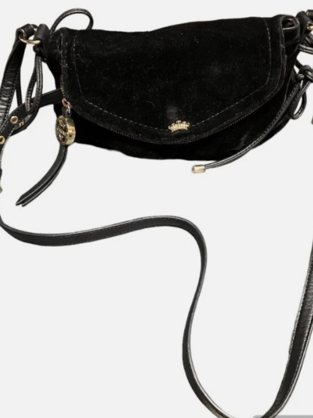 JUICY COUTURE BLACK VELVET OR VELOUR FOLD OVER CROSSBODY PURSE ADJ STRAP